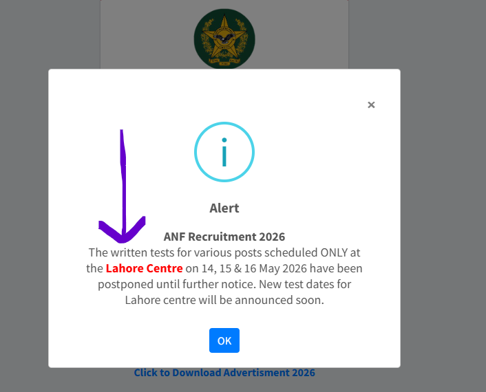 ANF Lahore Centre Written Test Postponed